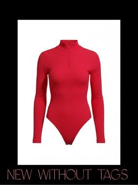 OQQ Red Ribbed Zip Front Long Sleeve Bodysuit – Size L NWOT